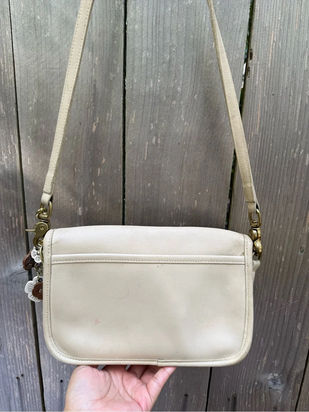 Coach Leather Crossbody Shoulder Bag in Cream with Floral Charm